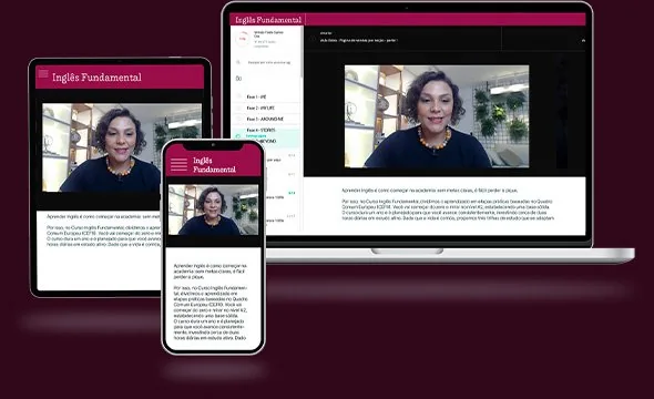 Portal do aluno do Curso Inglês Fundamental aberto no computador, tablet e celular