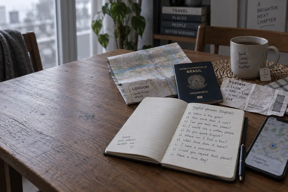 Mesa com passaporte brasileiro, mapa de Londres, cartão de embarque e um caderno com uma lista de frases úteis em inglês escritas à mão.